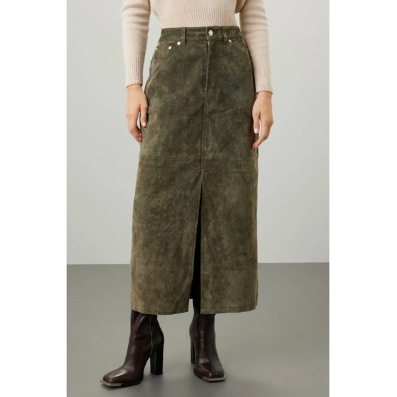 Blank NYC Skirt Womens 26 Green Leather Midi Hunter Front Slit Retro Weathered - Picture 1 of 8